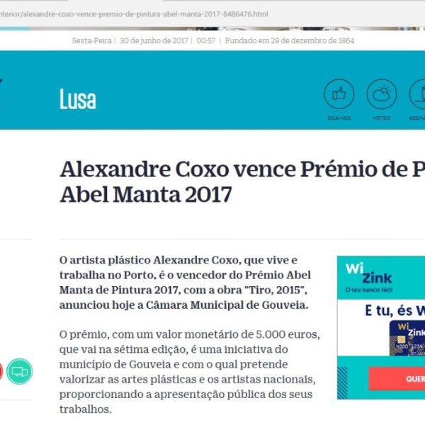 Diário de Notícias (Lusa): Alexandre Coxo vence Prémio de Pintura Abel Manta 2017