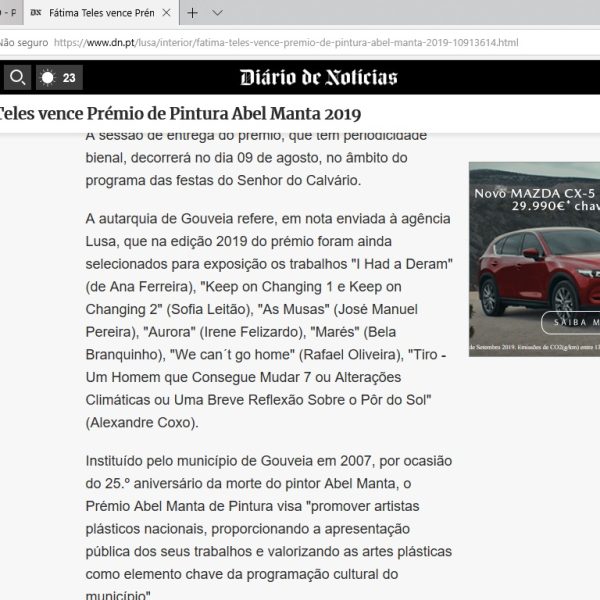 Diário de Notícias (Lusa): Prémio de Pintura Abel Manta 2019 – obra de Alexandre Coxo selecionada