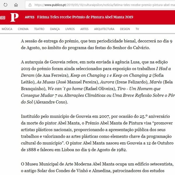 Público: Prémio de Pintura Abel Manta 2019 – obra de Alexandre Coxo selecionada