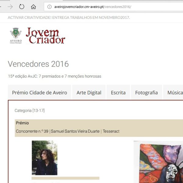 Câmara Municipal de Aveiro: Aveiro Jovem Criador 2016 – menção honrosa